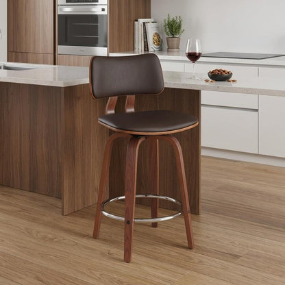 26" Brown Faux Leather And Fabric And Wood Low Back Counter Height Swivel Bar Chair