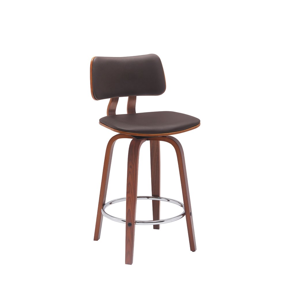 26" Brown Faux Leather And Fabric And Wood Low Back Counter Height Swivel Bar Chair