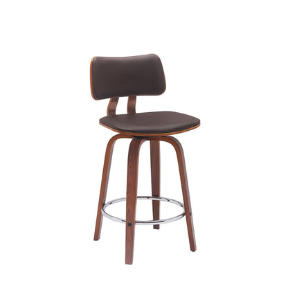 26" Brown Faux Leather And Fabric And Wood Low Back Counter Height Swivel Bar Chair
