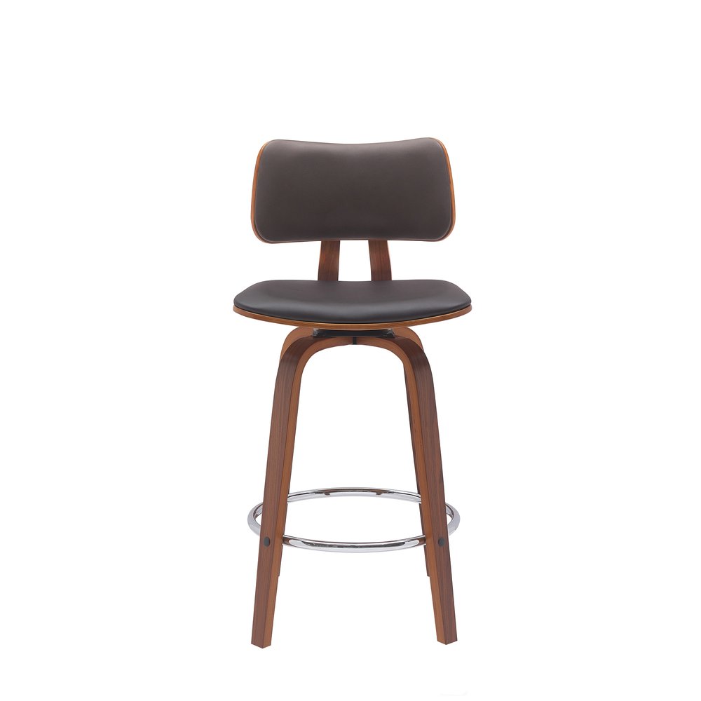 26" Brown Faux Leather And Fabric And Wood Low Back Counter Height Swivel Bar Chair