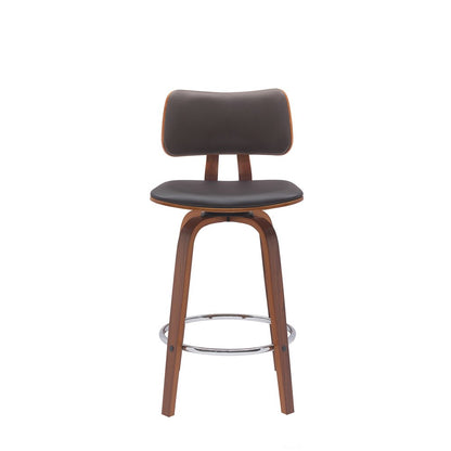 26" Brown Faux Leather And Fabric And Wood Low Back Counter Height Swivel Bar Chair