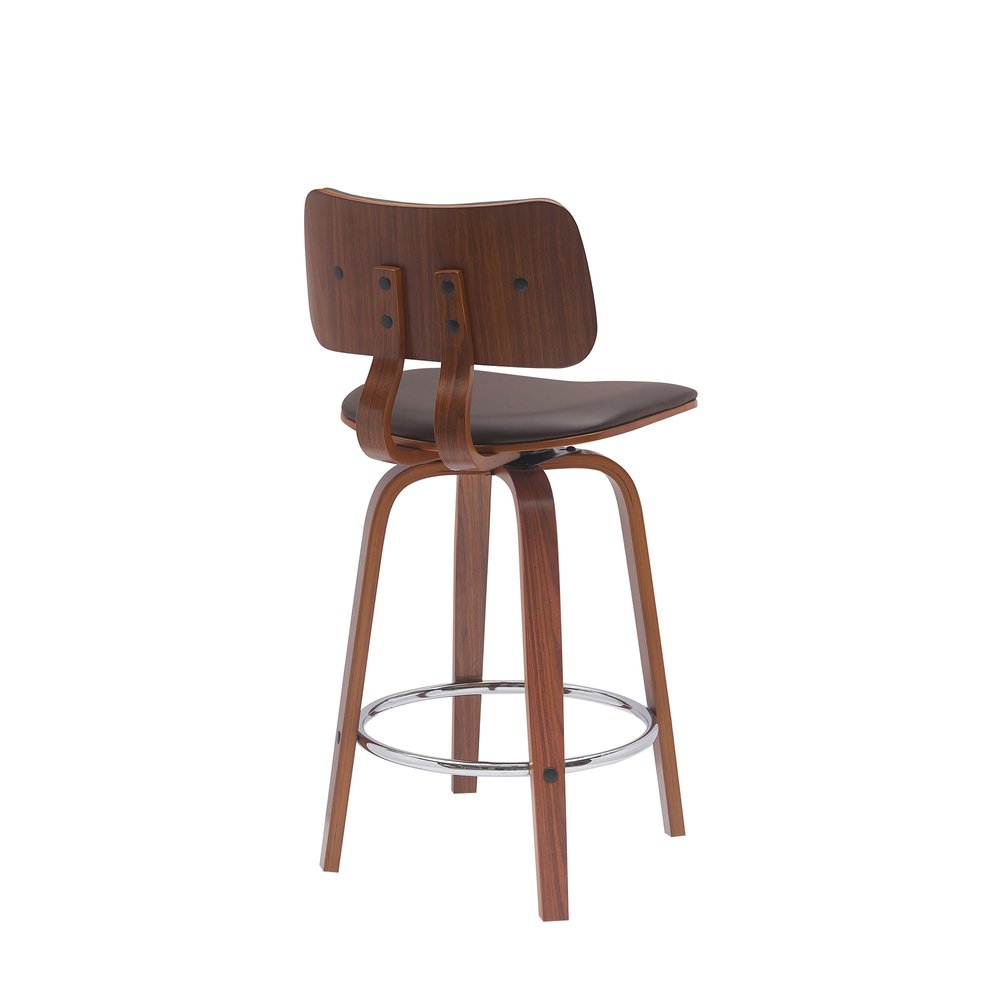 26" Brown Faux Leather And Fabric And Wood Low Back Counter Height Swivel Bar Chair