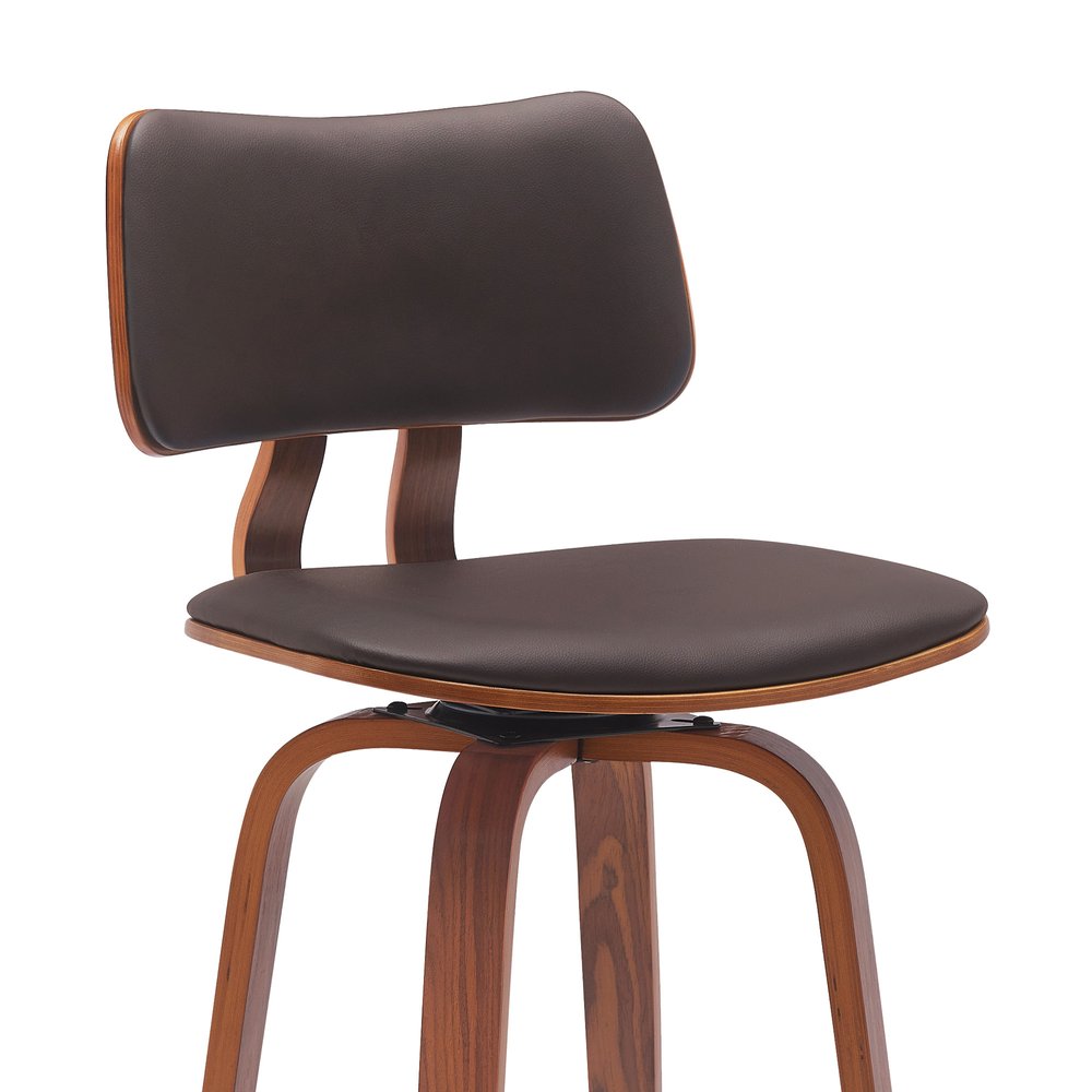 26" Brown Faux Leather And Fabric And Wood Low Back Counter Height Swivel Bar Chair