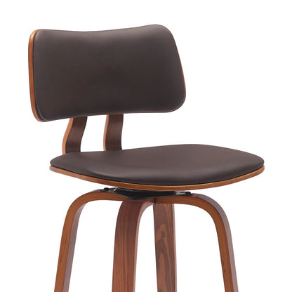 26" Brown Faux Leather And Fabric And Wood Low Back Counter Height Swivel Bar Chair