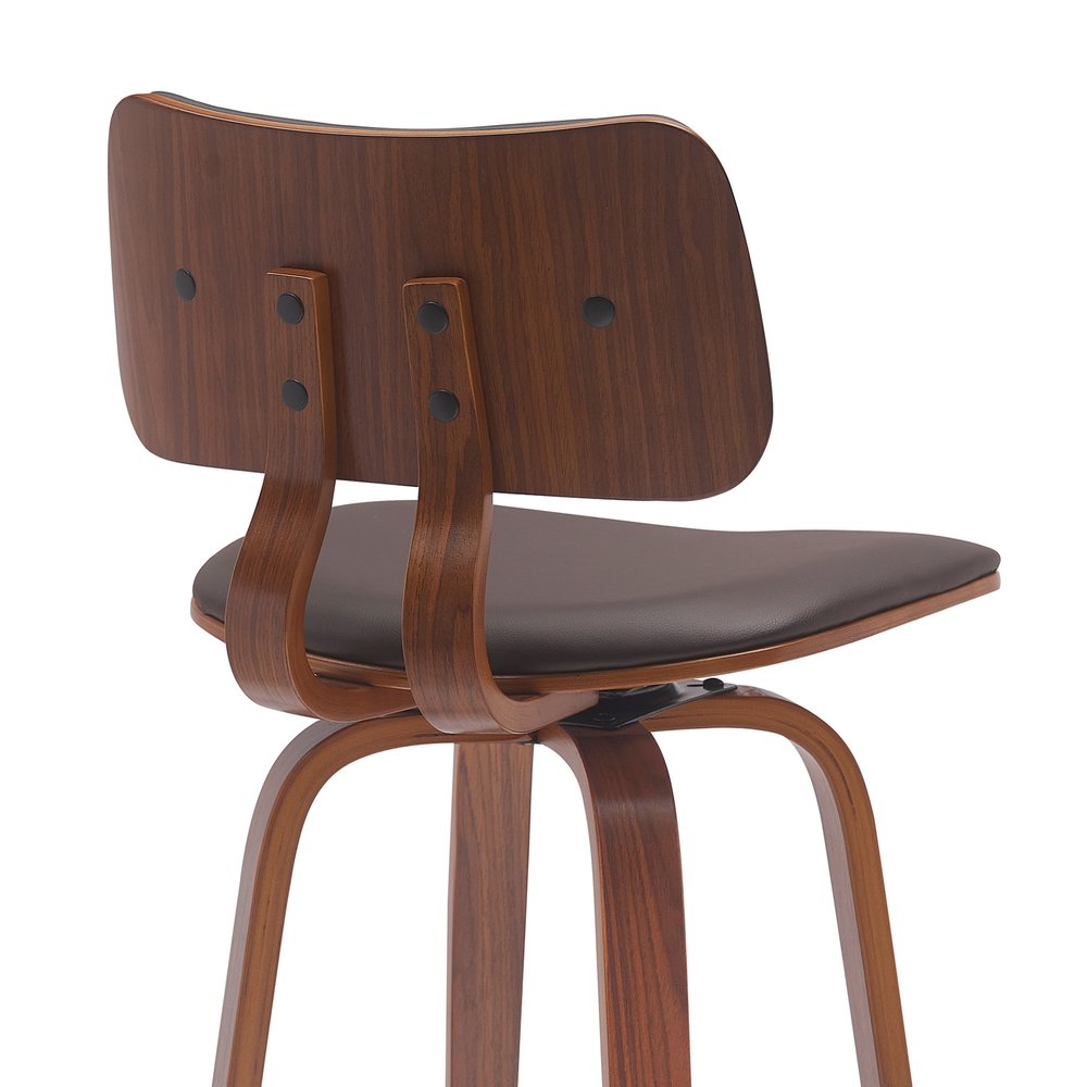 26" Brown Faux Leather And Fabric And Wood Low Back Counter Height Swivel Bar Chair