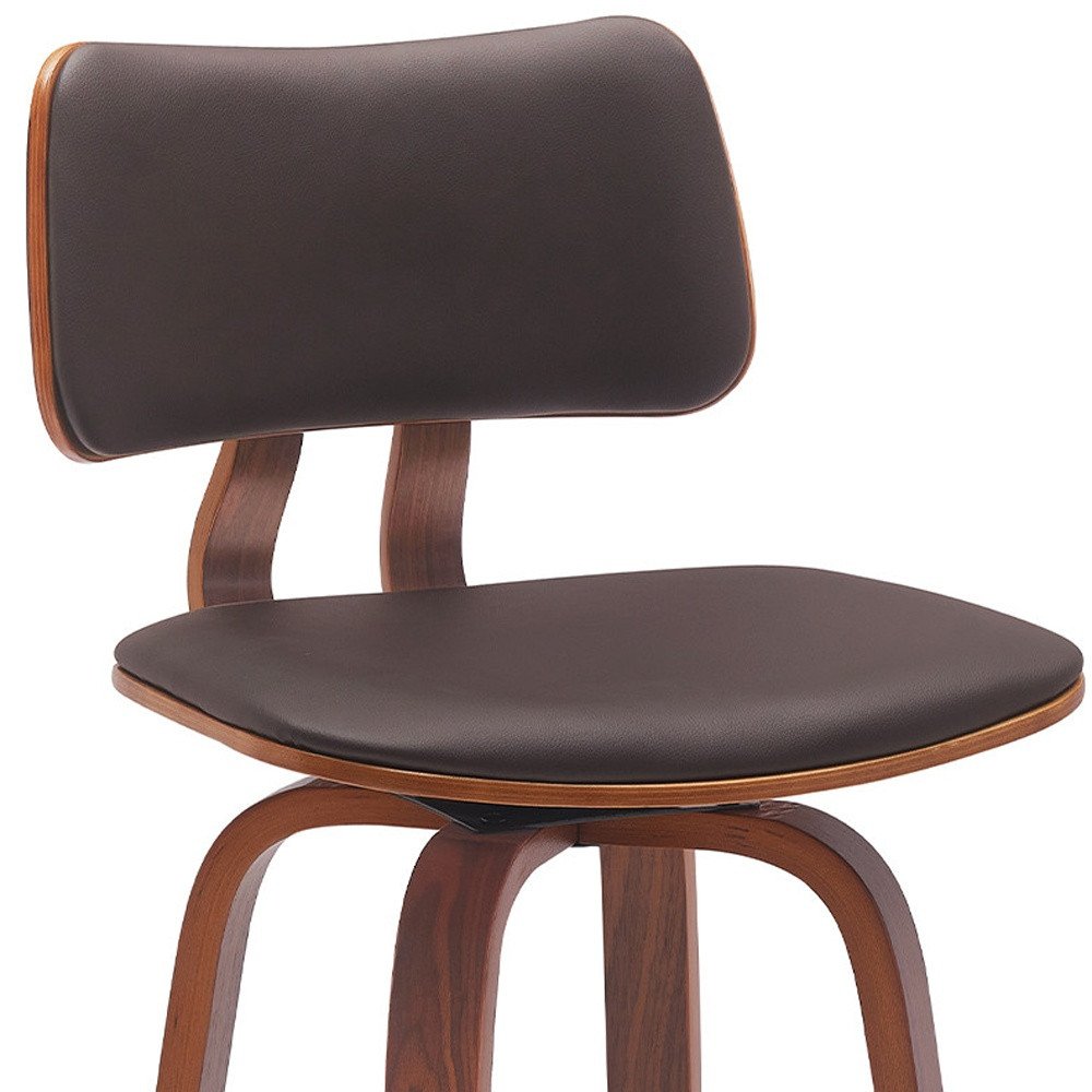 26" Brown Faux Leather And Fabric And Wood Low Back Counter Height Swivel Bar Chair