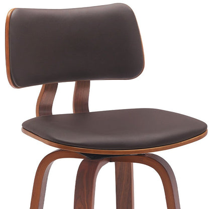 26" Brown Faux Leather And Fabric And Wood Low Back Counter Height Swivel Bar Chair
