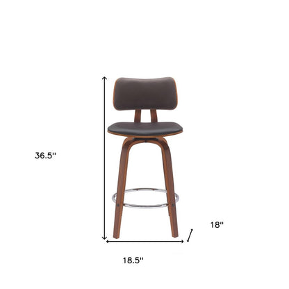 26" Brown Faux Leather And Fabric And Wood Low Back Counter Height Swivel Bar Chair