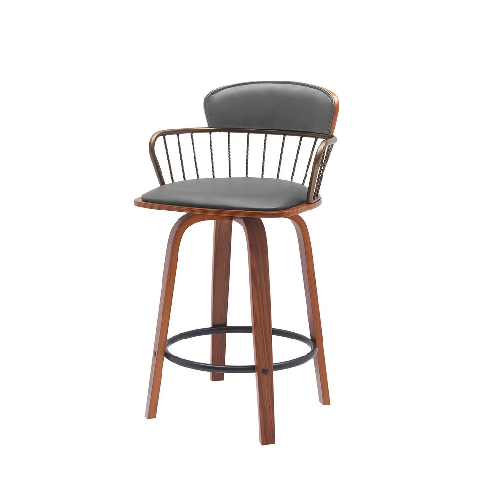 26" Gray And Brown Faux Leather And Fabric And Wood Low Back Counter Height Swivel Bar Chair