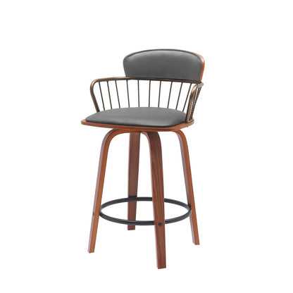 26" Gray And Brown Faux Leather And Fabric And Wood Low Back Counter Height Swivel Bar Chair