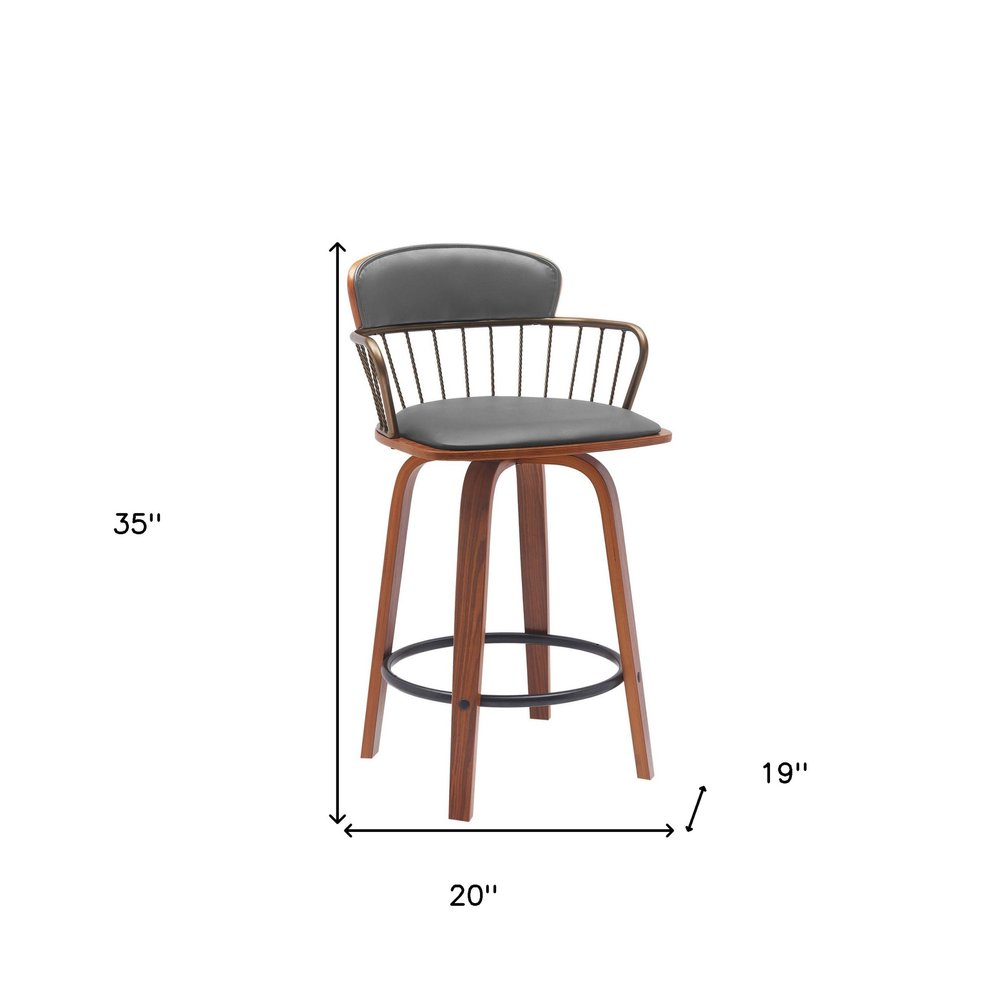 26" Gray And Brown Faux Leather And Fabric And Wood Low Back Counter Height Swivel Bar Chair