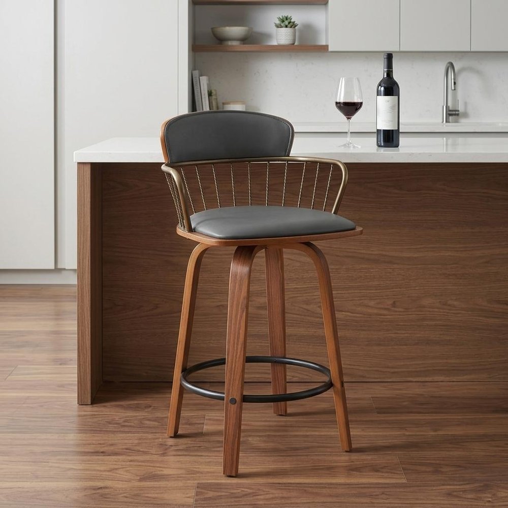 26" Gray And Brown Faux Leather And Fabric And Wood Low Back Counter Height Swivel Bar Chair