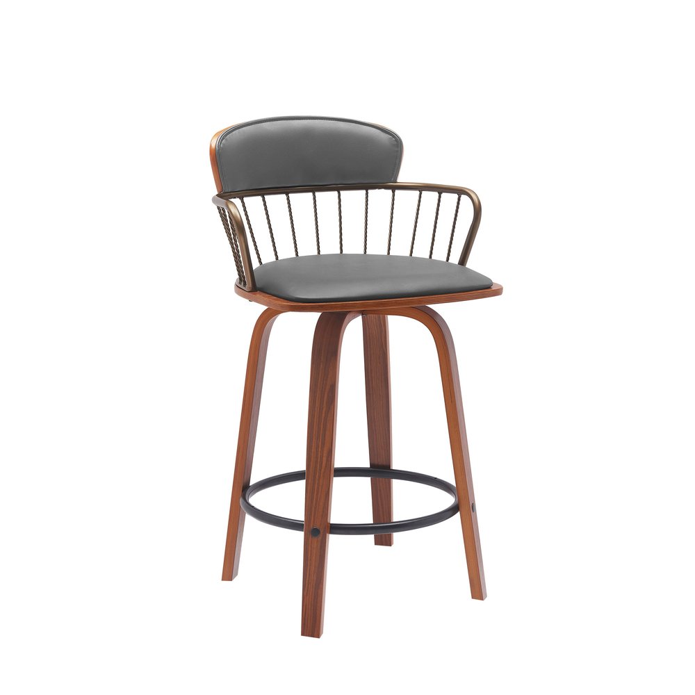 26" Gray And Brown Faux Leather And Fabric And Wood Low Back Counter Height Swivel Bar Chair