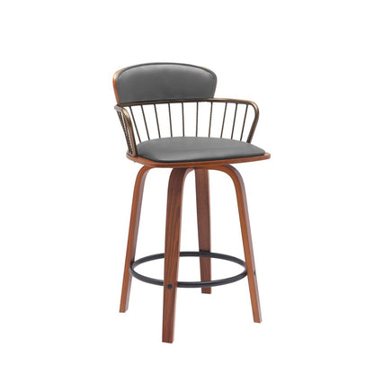 26" Gray And Brown Faux Leather And Fabric And Wood Low Back Counter Height Swivel Bar Chair