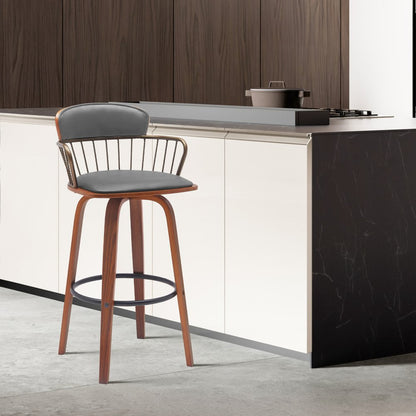 26" Gray And Brown Faux Leather And Fabric And Wood Low Back Counter Height Swivel Bar Chair