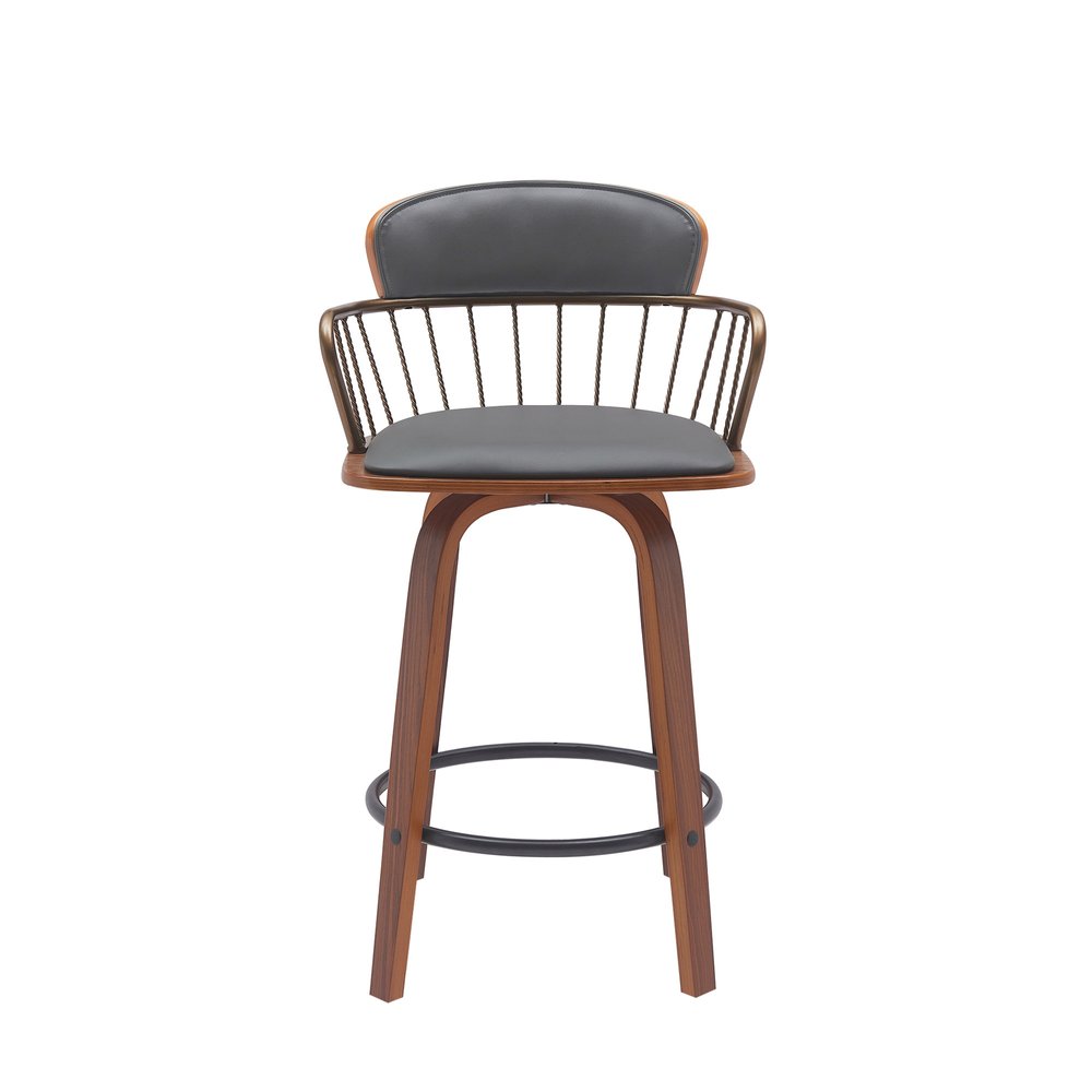 26" Gray And Brown Faux Leather And Fabric And Wood Low Back Counter Height Swivel Bar Chair