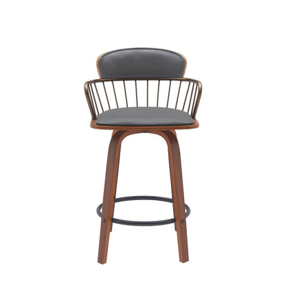 26" Gray And Brown Faux Leather And Fabric And Wood Low Back Counter Height Swivel Bar Chair