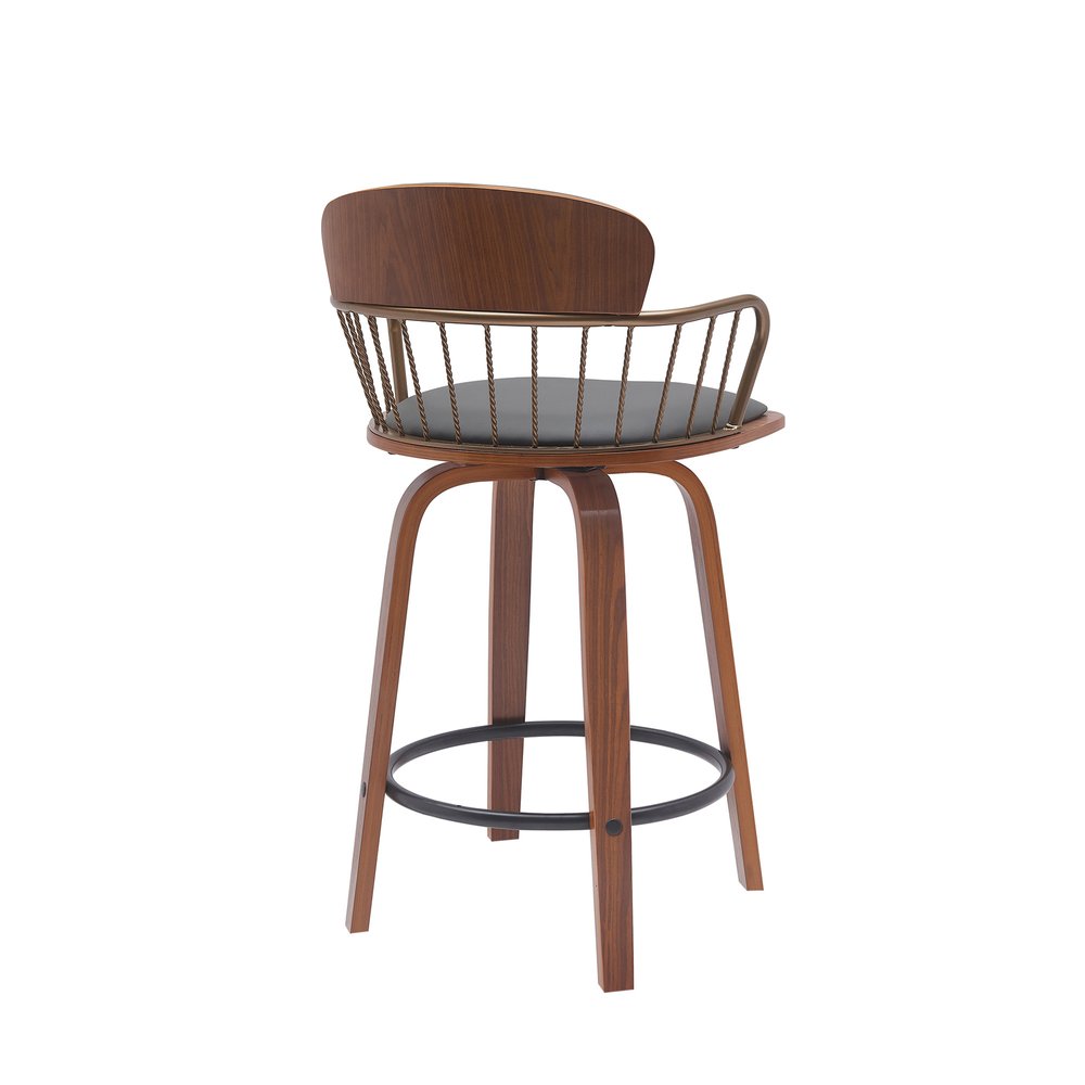 26" Gray And Brown Faux Leather And Fabric And Wood Low Back Counter Height Swivel Bar Chair