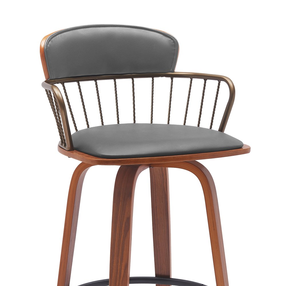 26" Gray And Brown Faux Leather And Fabric And Wood Low Back Counter Height Swivel Bar Chair