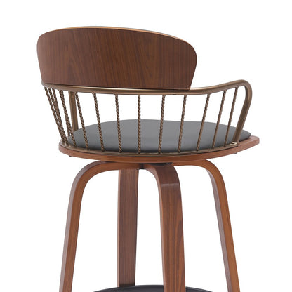 26" Gray And Brown Faux Leather And Fabric And Wood Low Back Counter Height Swivel Bar Chair