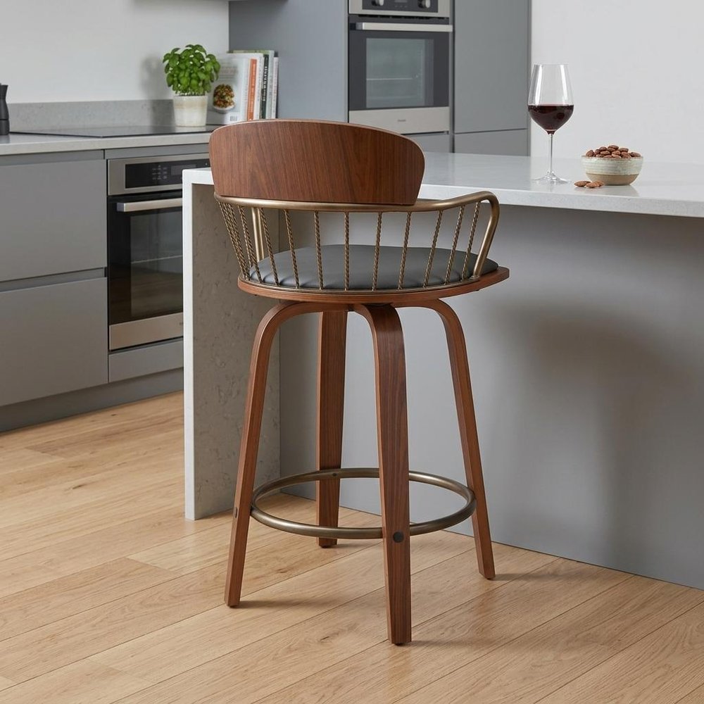 26" Gray And Brown Faux Leather And Fabric And Wood Low Back Counter Height Swivel Bar Chair