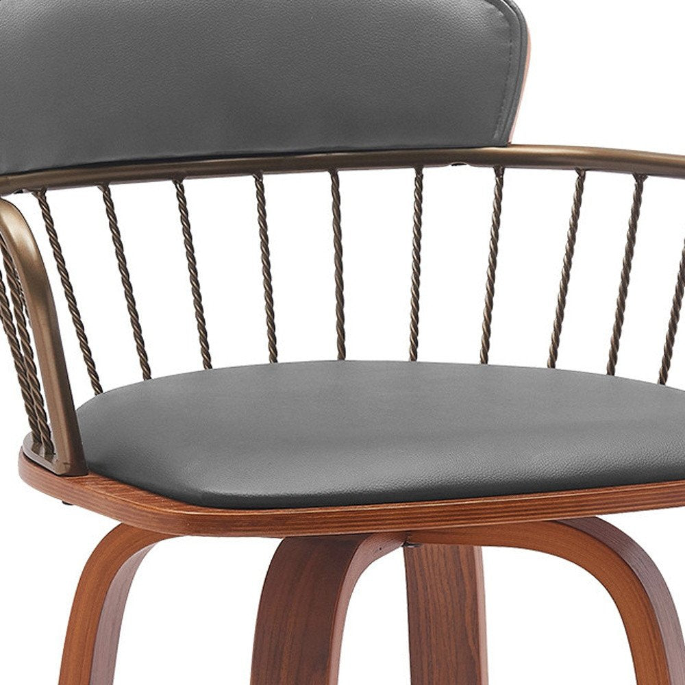26" Gray And Brown Faux Leather And Fabric And Wood Low Back Counter Height Swivel Bar Chair