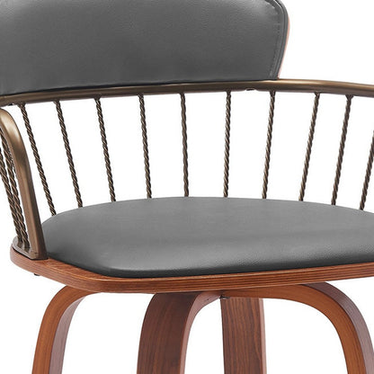 26" Gray And Brown Faux Leather And Fabric And Wood Low Back Counter Height Swivel Bar Chair
