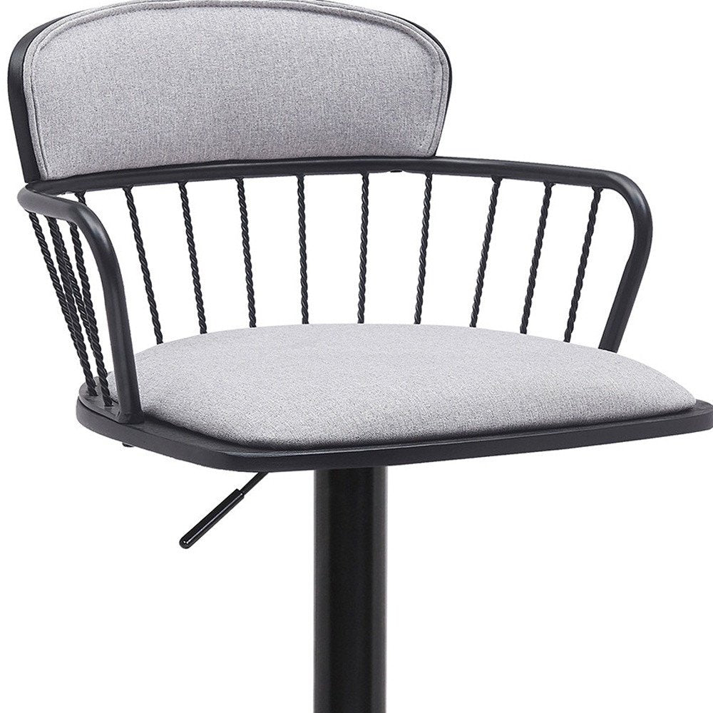 Light Gray And Black Fabric And Metal Low Back Adjustable Height Swivel Bar Chair