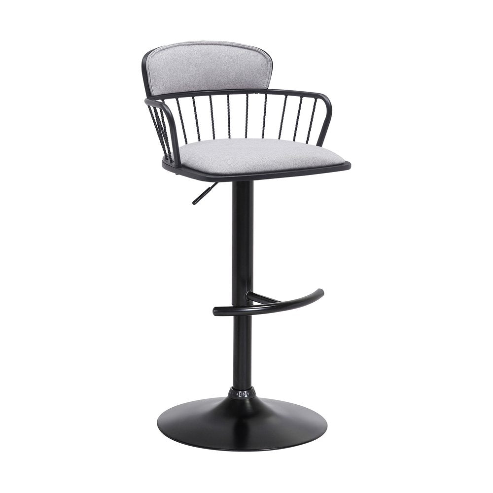 Light Gray And Black Fabric And Metal Low Back Adjustable Height Swivel Bar Chair
