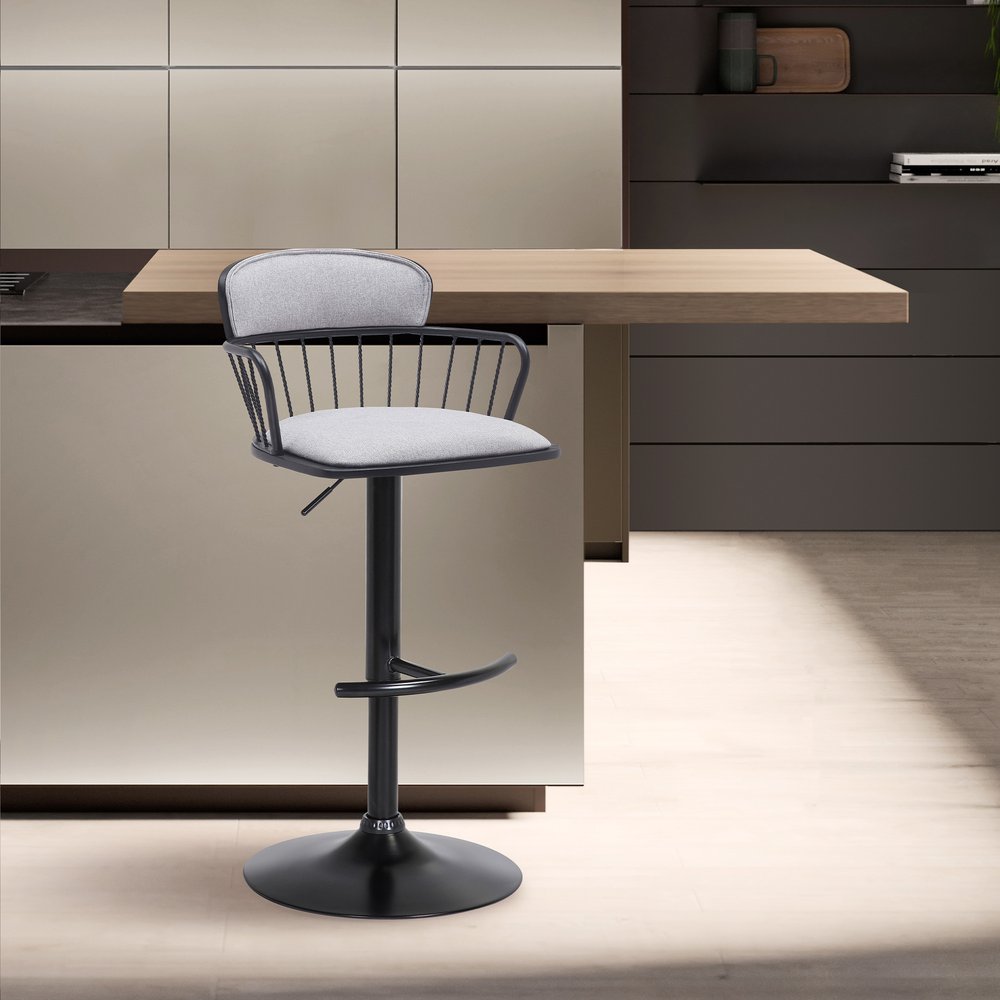 Light Gray And Black Fabric And Metal Low Back Adjustable Height Swivel Bar Chair