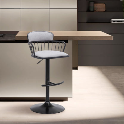 Light Gray And Black Fabric And Metal Low Back Adjustable Height Swivel Bar Chair