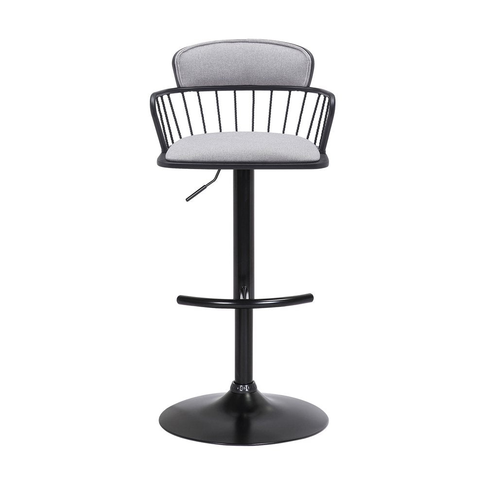 Light Gray And Black Fabric And Metal Low Back Adjustable Height Swivel Bar Chair