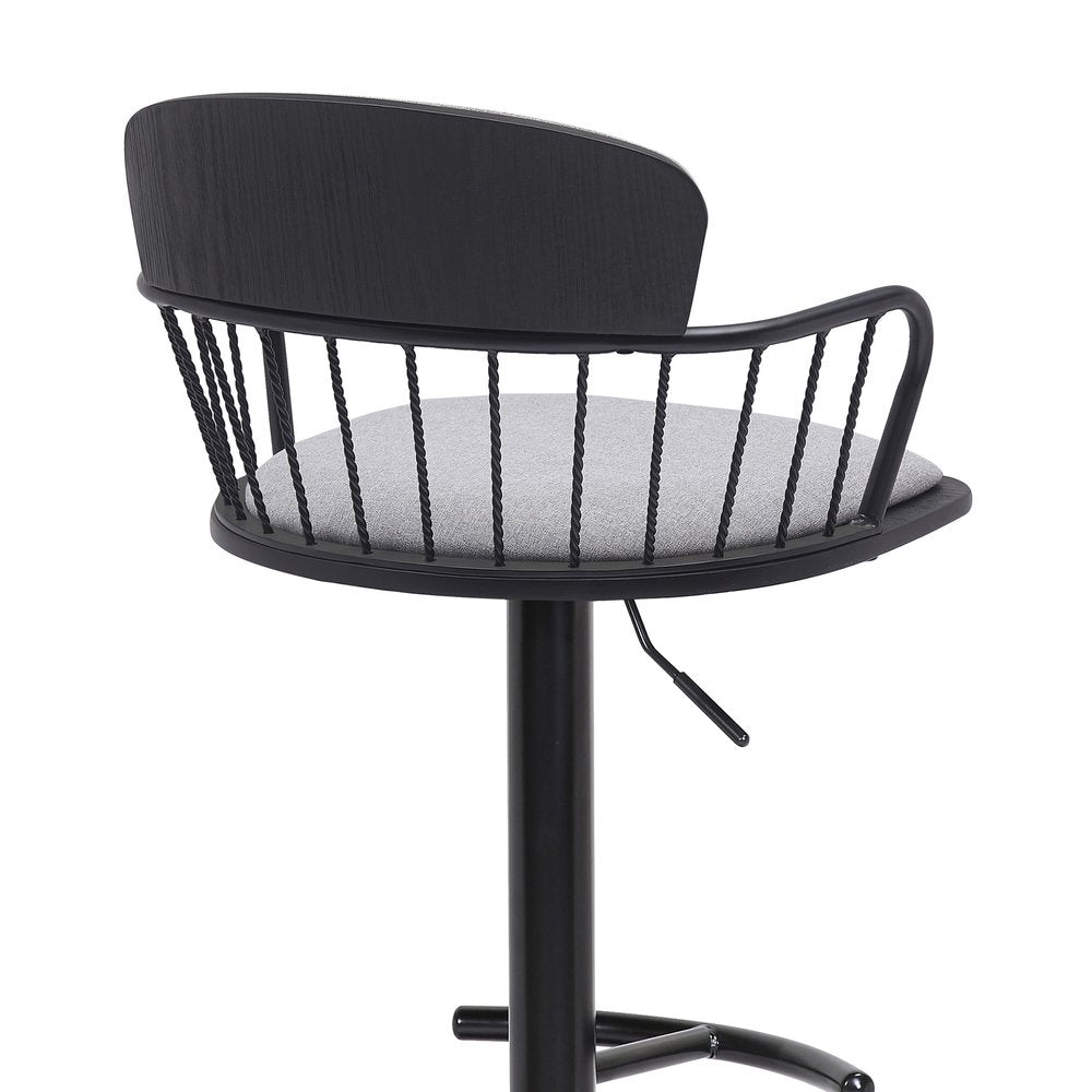 Light Gray And Black Fabric And Metal Low Back Adjustable Height Swivel Bar Chair