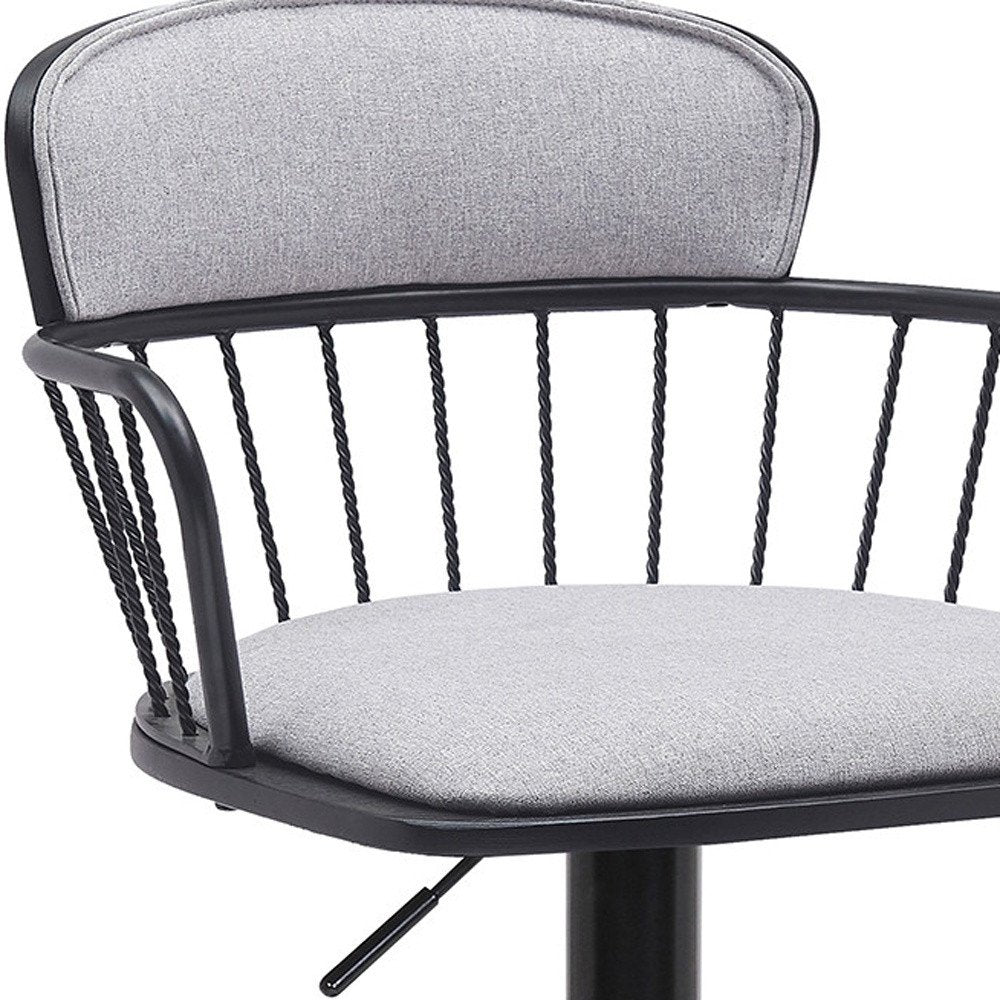 Light Gray And Black Fabric And Metal Low Back Adjustable Height Swivel Bar Chair