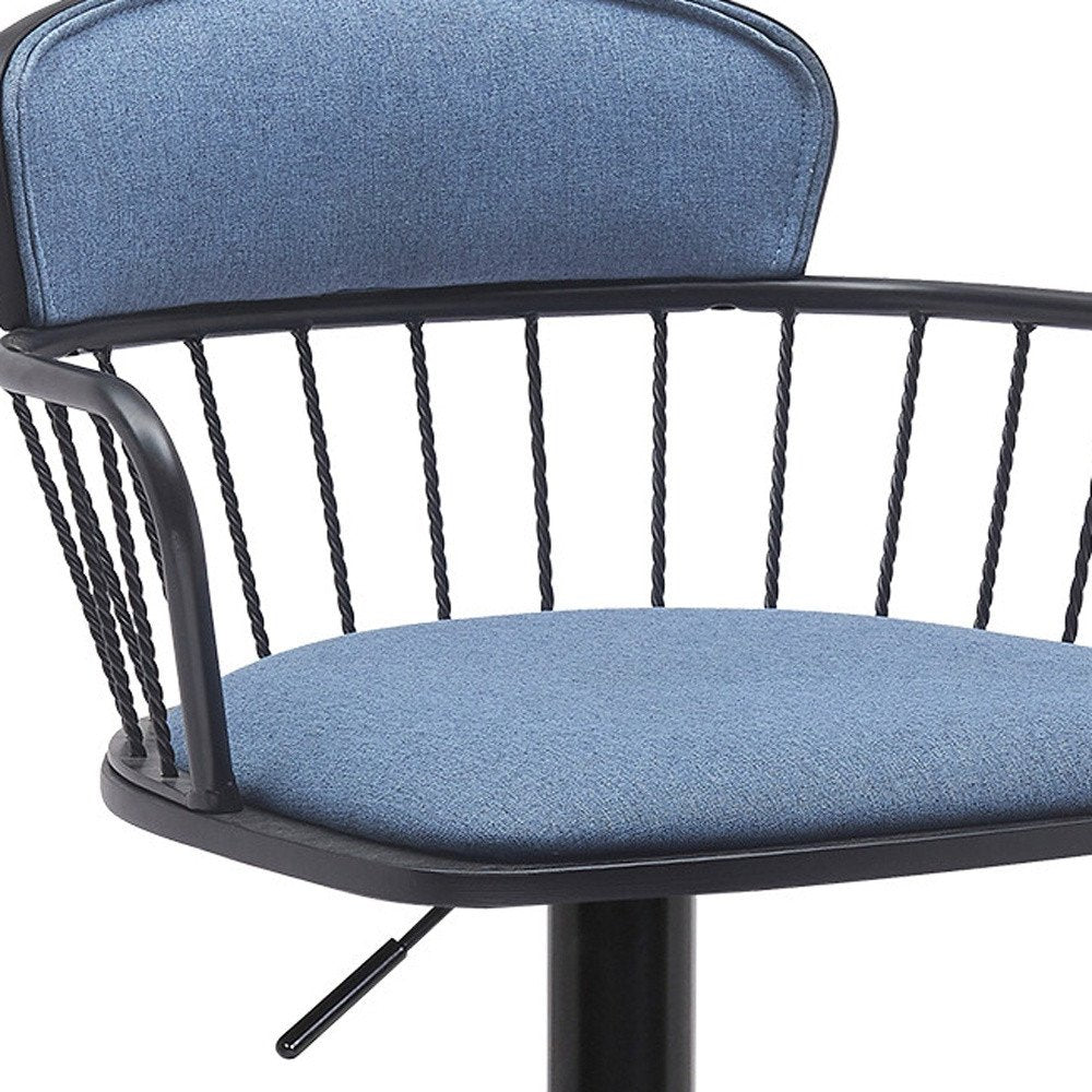 Blue And Black Fabric And Metal Low Back Adjustable Height Swivel Bar Chair