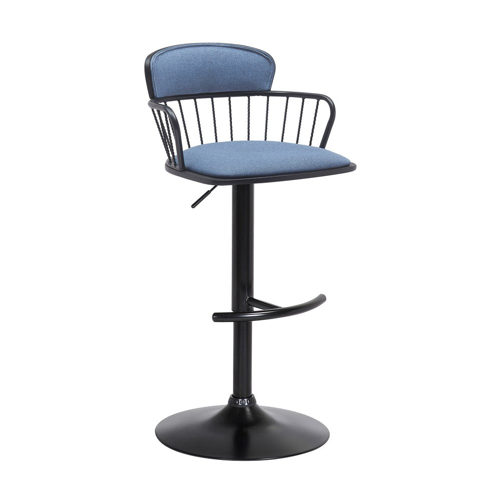 Blue And Black Fabric And Metal Low Back Adjustable Height Swivel Bar Chair