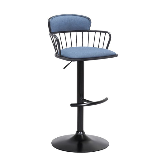 Blue And Black Fabric And Metal Low Back Adjustable Height Swivel Bar Chair