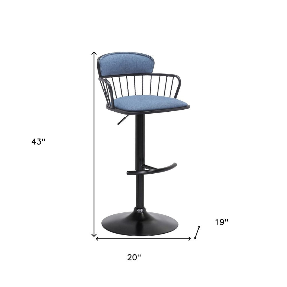 Blue And Black Fabric And Metal Low Back Adjustable Height Swivel Bar Chair