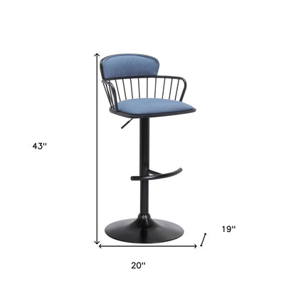 Blue And Black Fabric And Metal Low Back Adjustable Height Swivel Bar Chair