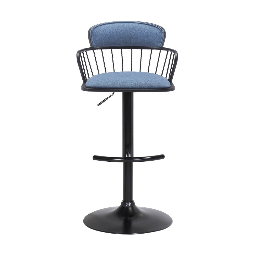 Blue And Black Fabric And Metal Low Back Adjustable Height Swivel Bar Chair