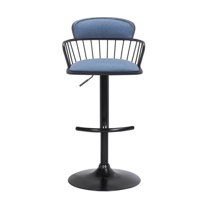 Blue And Black Fabric And Metal Low Back Adjustable Height Swivel Bar Chair