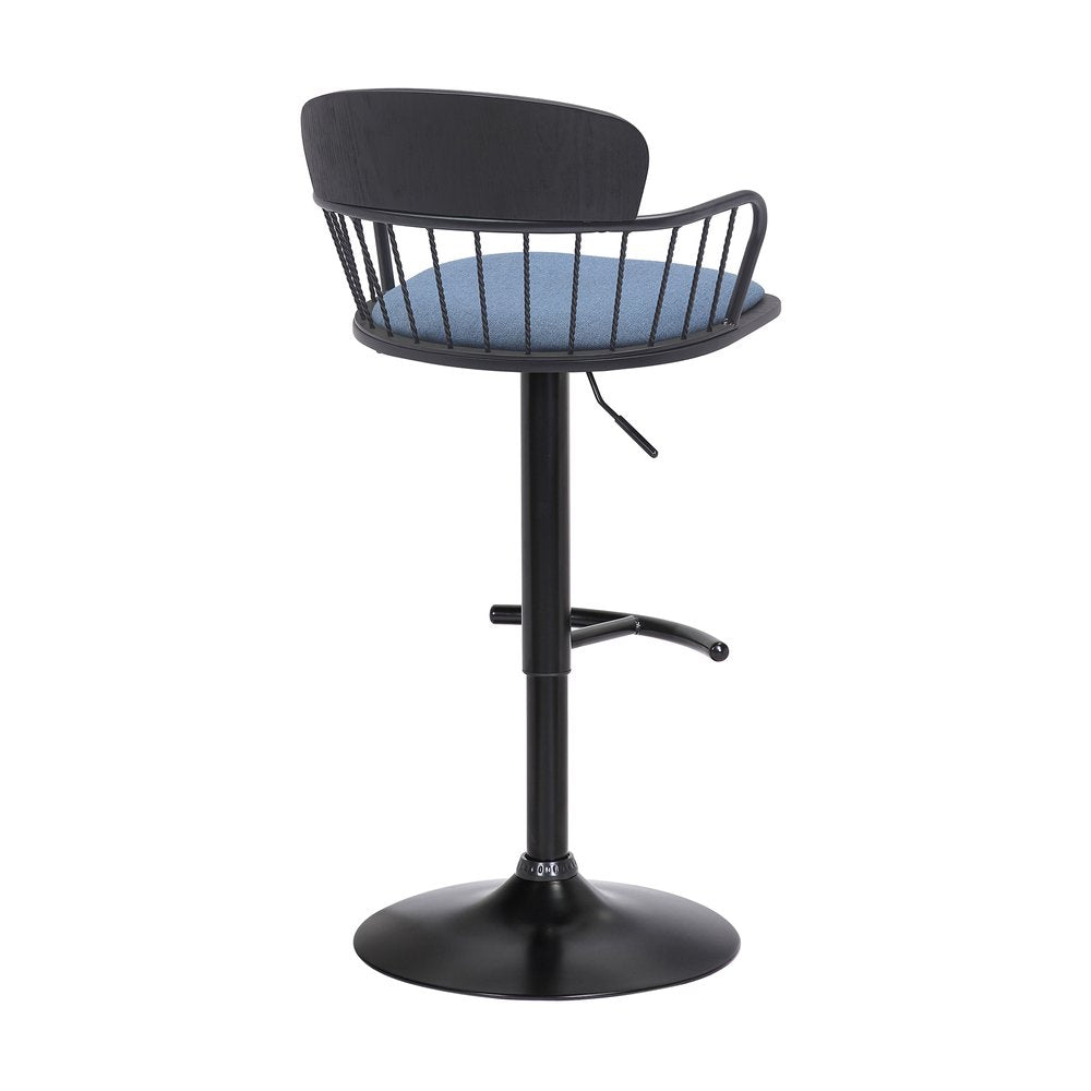 Blue And Black Fabric And Metal Low Back Adjustable Height Swivel Bar Chair