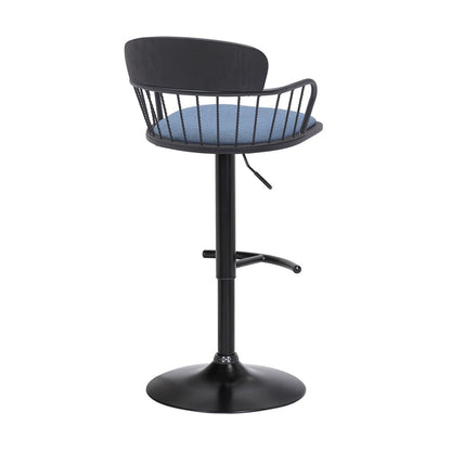 Blue And Black Fabric And Metal Low Back Adjustable Height Swivel Bar Chair