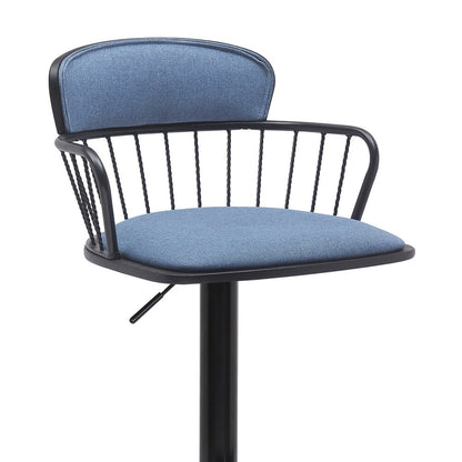 Blue And Black Fabric And Metal Low Back Adjustable Height Swivel Bar Chair