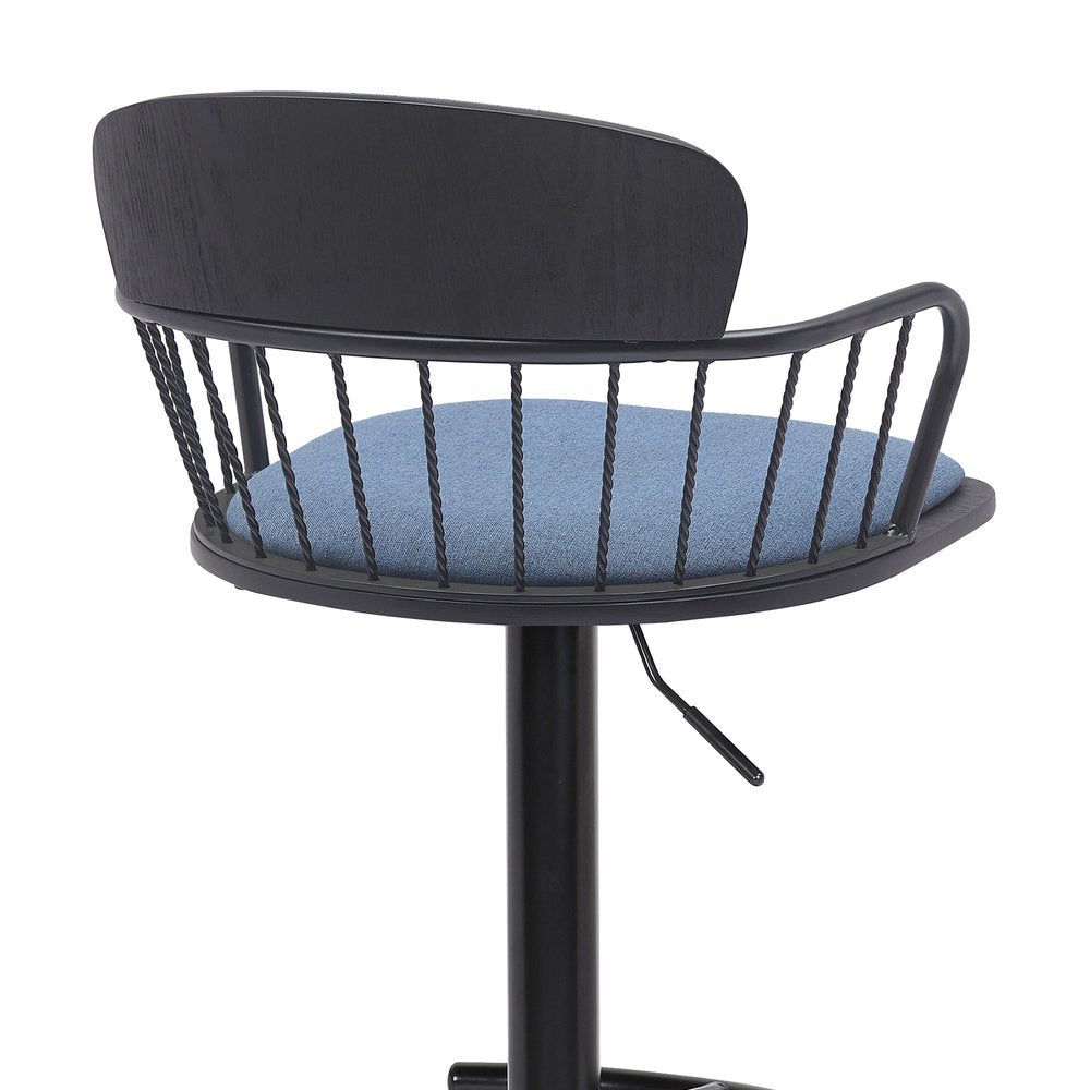 Blue And Black Fabric And Metal Low Back Adjustable Height Swivel Bar Chair