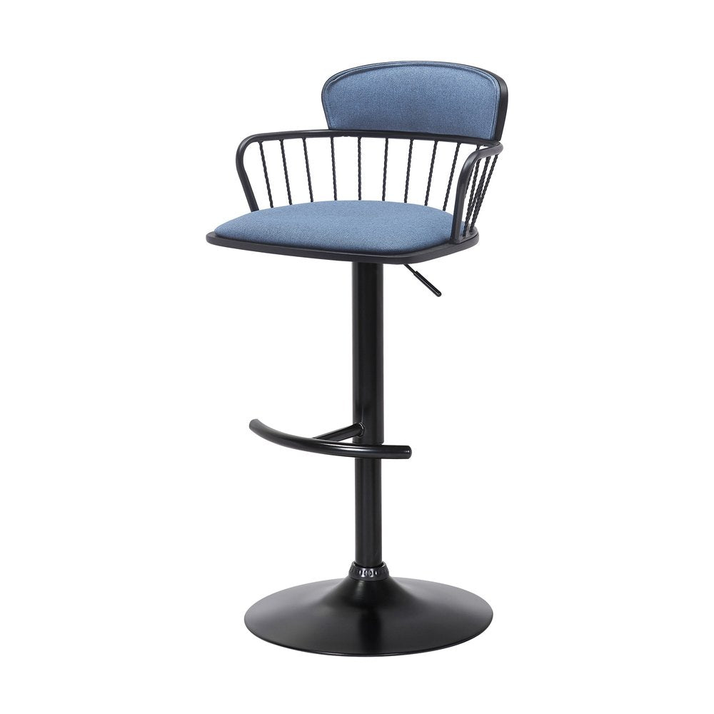 Blue And Black Fabric And Metal Low Back Adjustable Height Swivel Bar Chair
