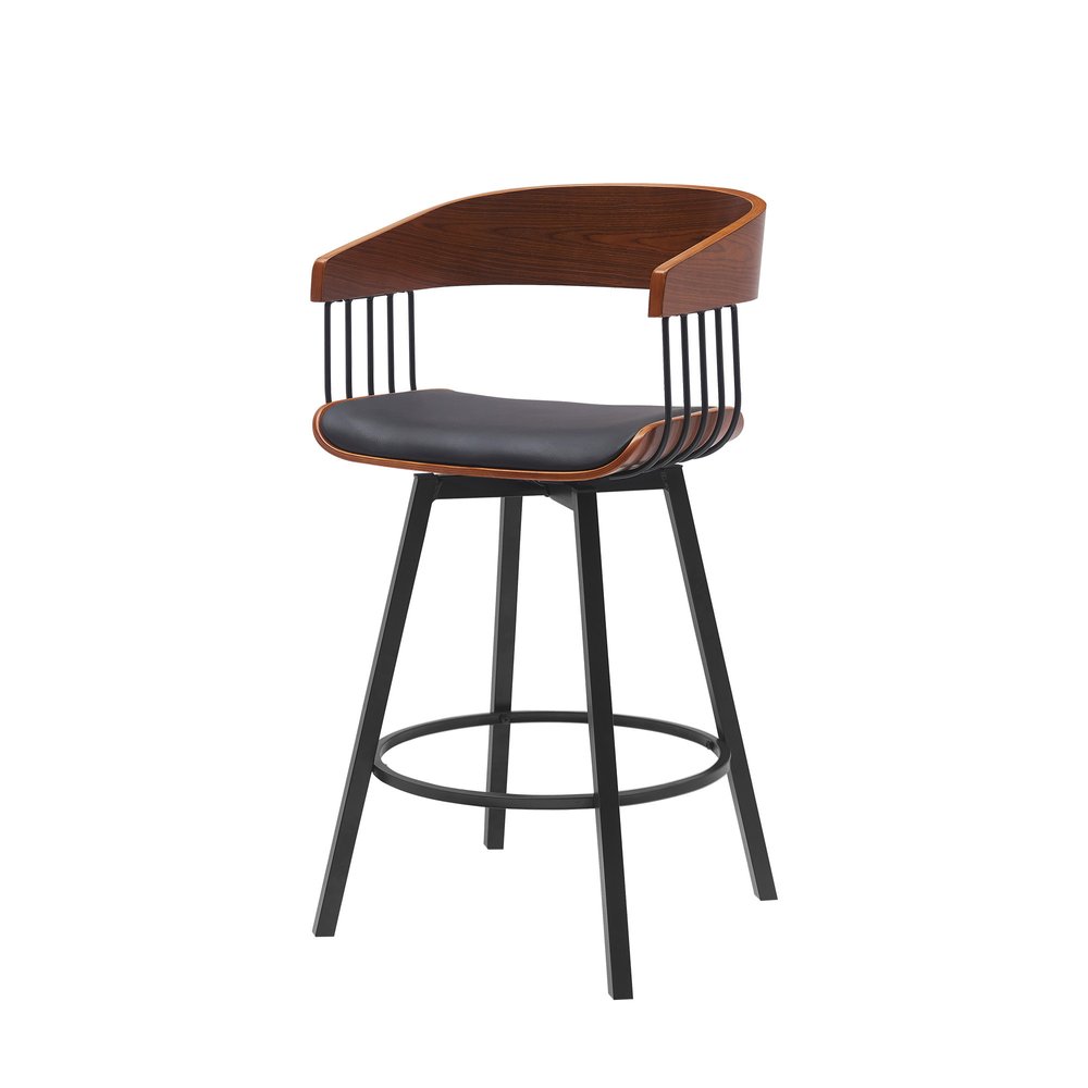 27" Black Faux Leather And Fabric And Metal Low Back Counter Height Swivel Bar Chair