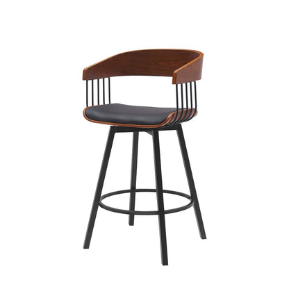 27" Black Faux Leather And Fabric And Metal Low Back Counter Height Swivel Bar Chair