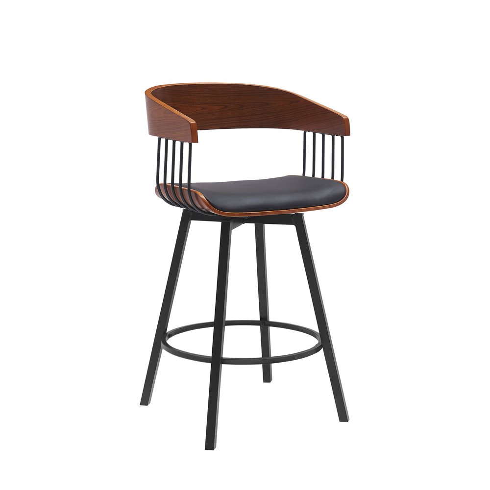 27" Black Faux Leather And Fabric And Metal Low Back Counter Height Swivel Bar Chair