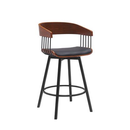 27" Black Faux Leather And Fabric And Metal Low Back Counter Height Swivel Bar Chair